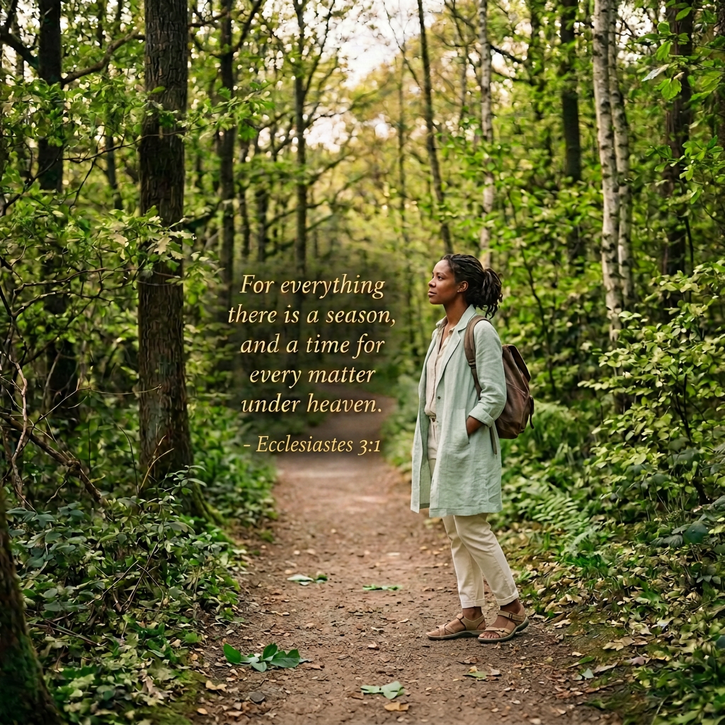 Woman standing on a leaf-covered forest trail in autumn
