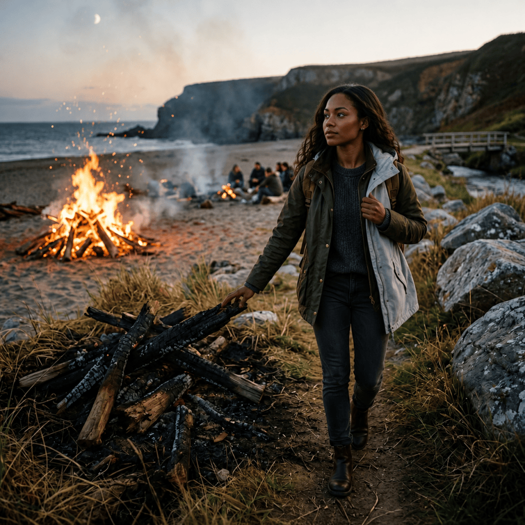 Woman tending a beach bonfire with friends and coastal cliffs behind